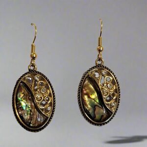 Gold Tone Oval Abalone Dangle Earrings with Rhinestones